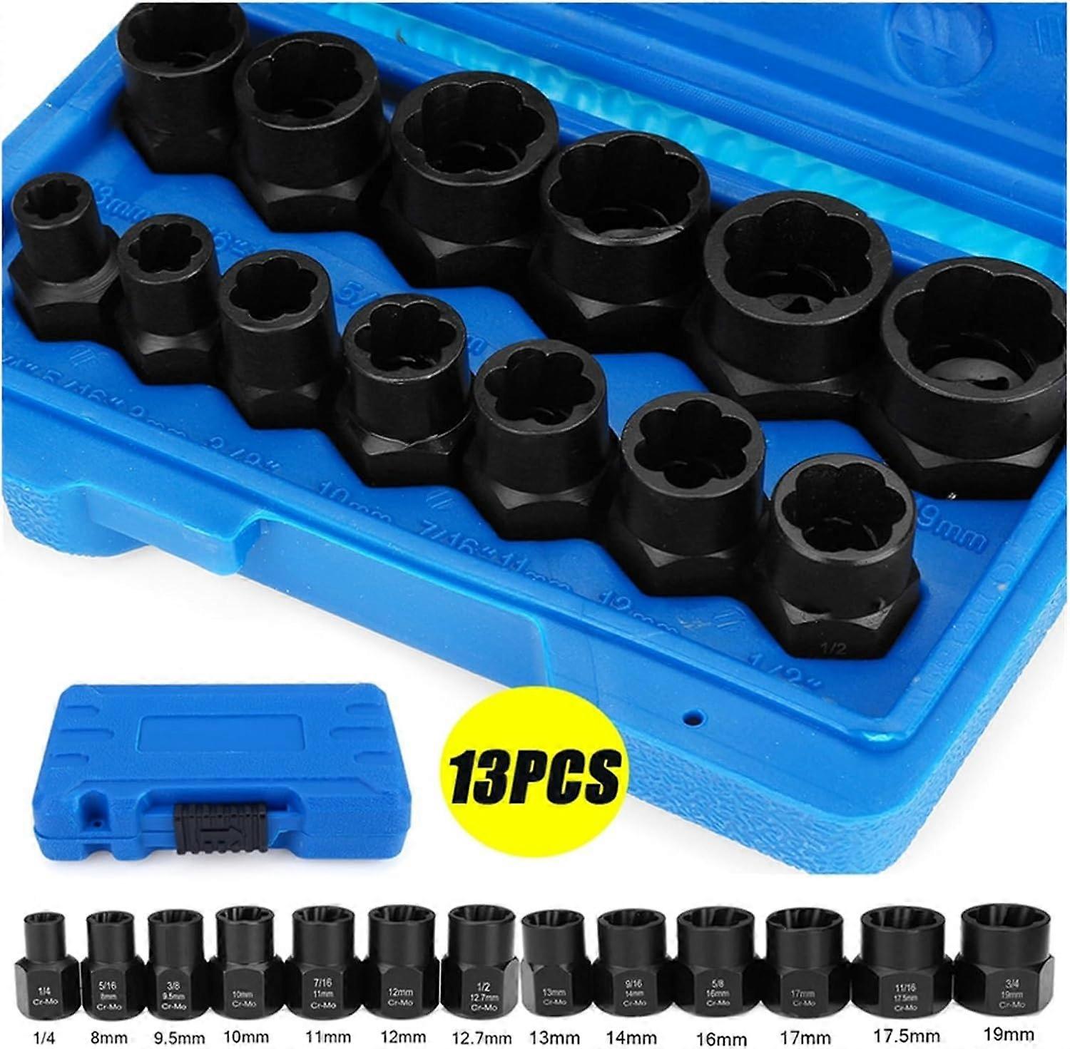 Bolt Nut Remover 13-Piece Set For Impact Damaged Nuts And Bolts, Nut Extractor Socket Tool Kit, Nut Removal Sockets With Box