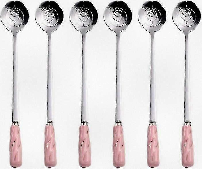 Set of 6 Stainless Steel Coffee Spoons with Delicate Ceramic Rose Shape Handle for Mixing Iced Tea and Dessert Spoons in Pink and Silver