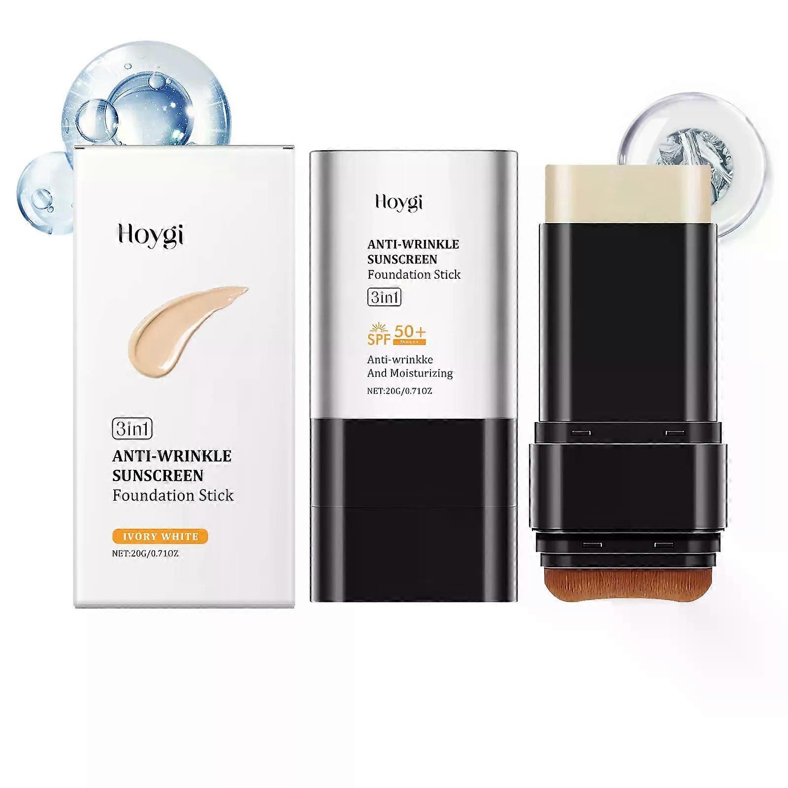 3 In 1 Anti-Wrinkle Foundation Stick with SPF 50+ Hydrating Lightweight Flawless Eraser Foundation Stick with Brush Moisturizing Double Head Make-Up w
