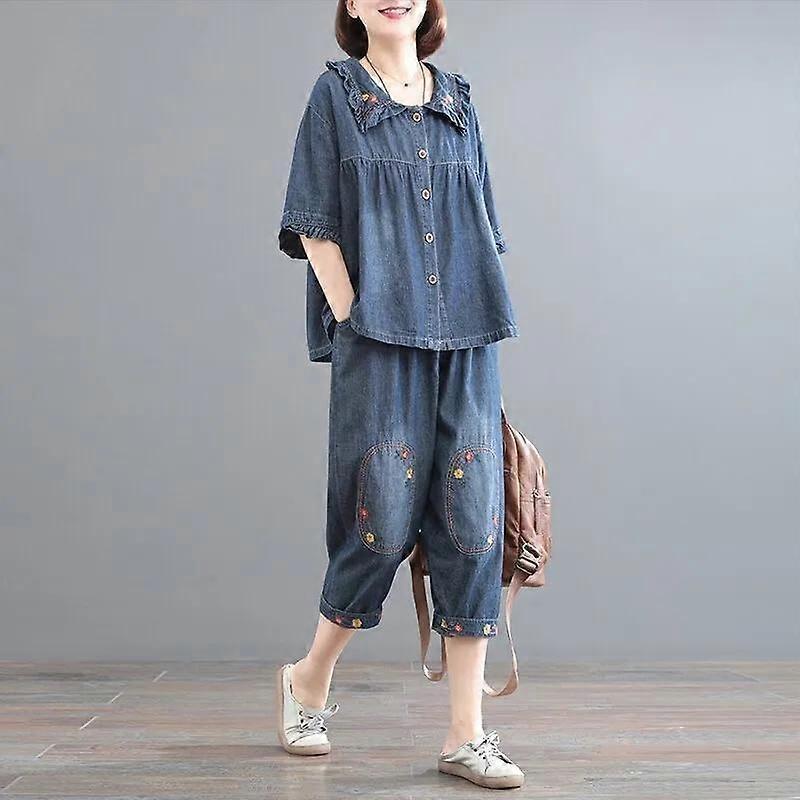 Denim Set Women's Summer Loose and Thin New Covering Vintage Embroidery Casual Two Piece Set Tide