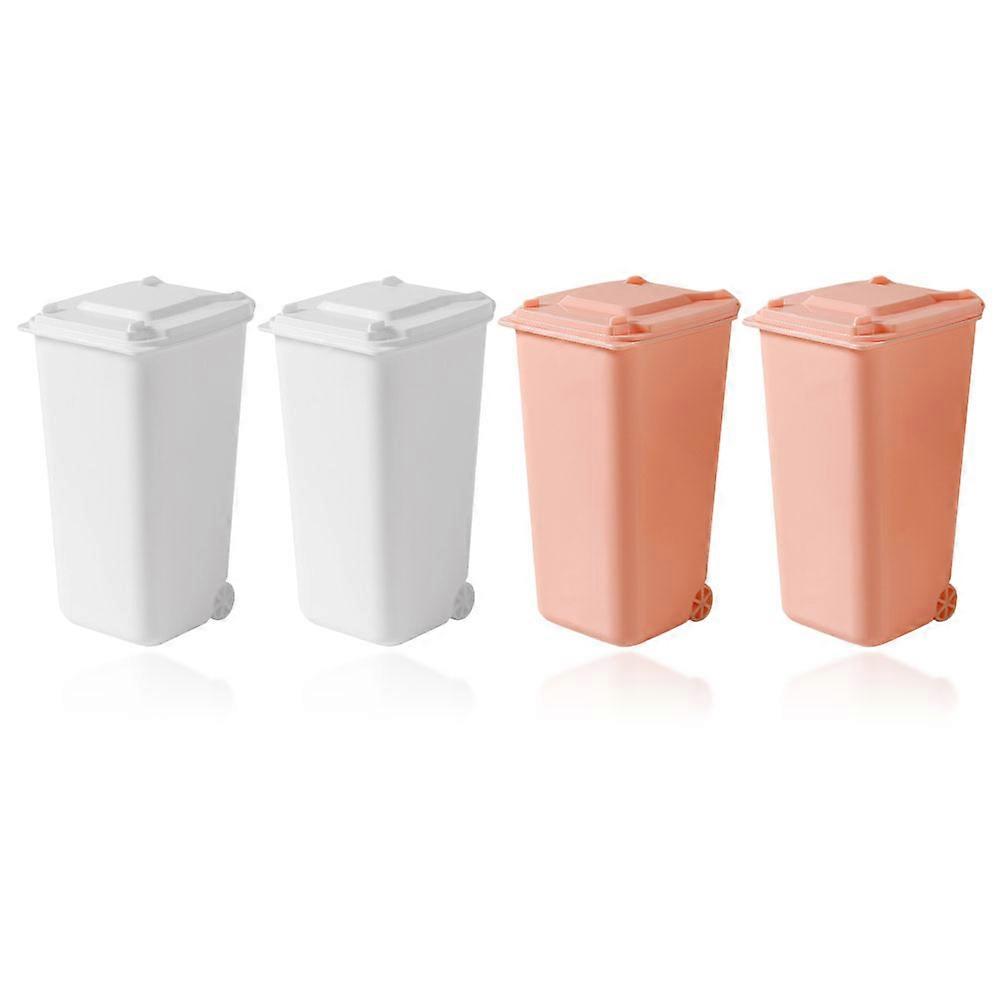 4pcs Mini Desktop Trash Can with Lid – Compact Plastic Waste Bin and Pen Holder for Office or Bedroom Use – White, Pink