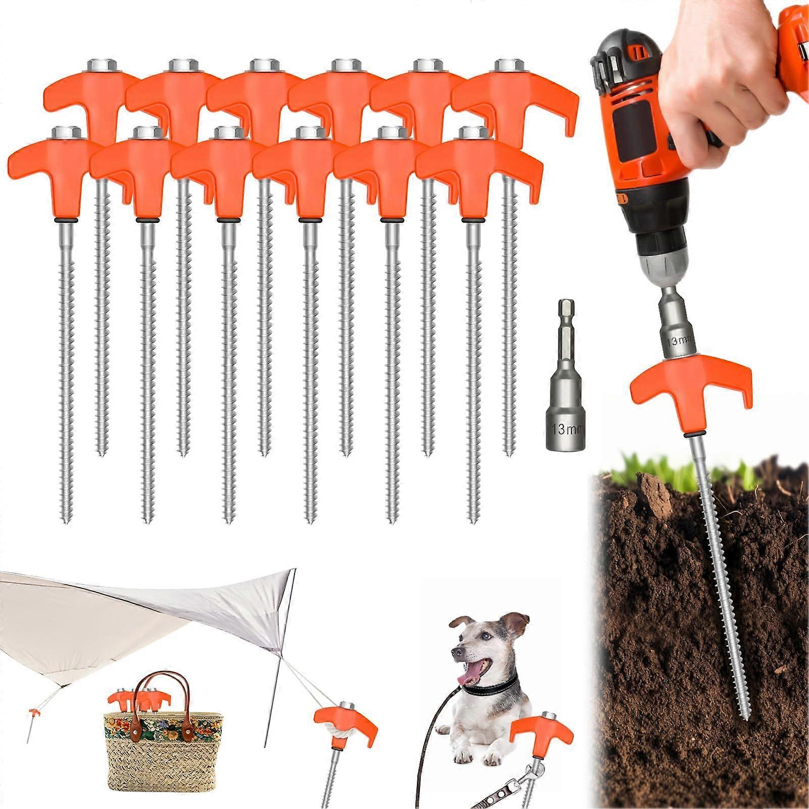 20 cm Tent Pegs Screw with Metal Thread and Luminous Heads, Pack of 12