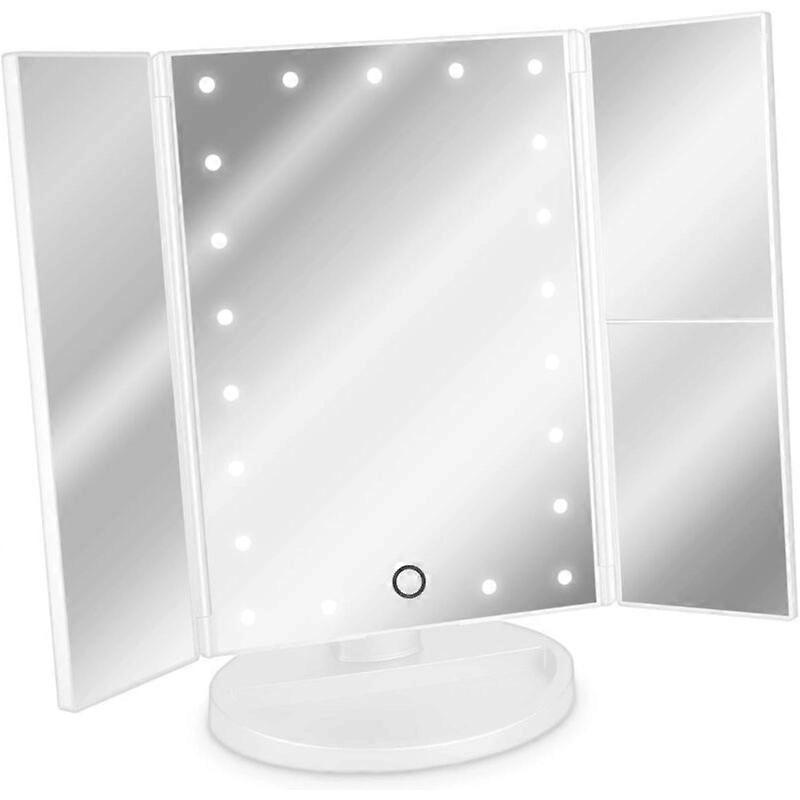 Navaris LED lighted mirror 3 sides for installation - Mirror foldable triptych makeup mirror on foot with magnifying effect X2 x3 - Battery or USB - W