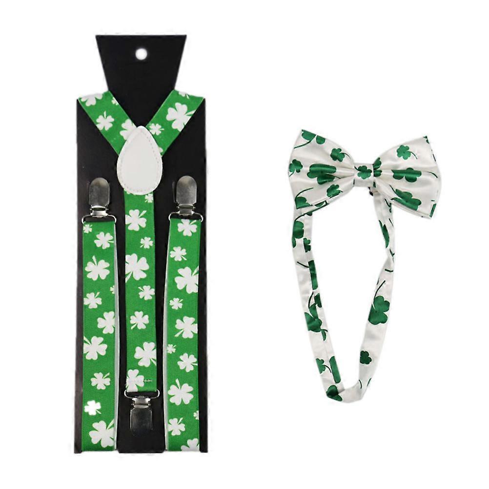 Patricks Day Accessoires Bretelles Set Clover Impression Noeud Papillon Shamrock Costume Accessoires 2Pcs en 1 Hommes Femmes Fête