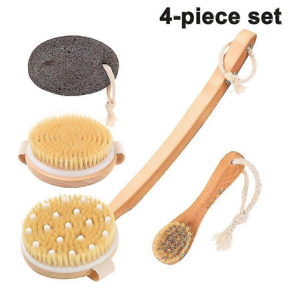 4-Piece Set Back Brush Bath Brush Set Massage Brush Body Brush, Wellness Gift Set Ελαφρόπετρα Βούρτσα δέρματος με φυσικές τρίχες Κυρτή λαβή με Rem