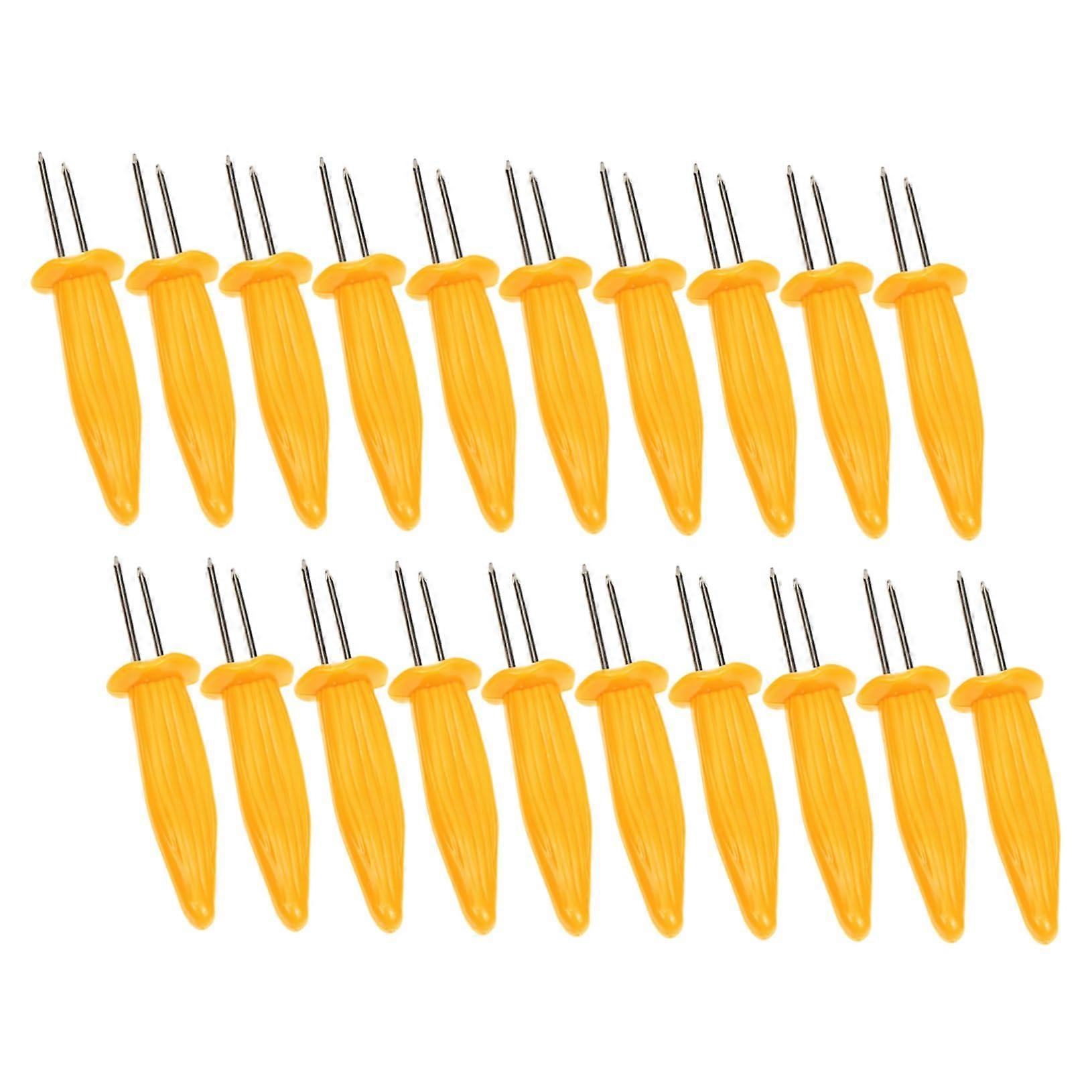 Grill Corn Cob Handles Skewers Set of 20 - Stainless Steel Corn Forks for Corn on the Cob, Fruit, and Salad, Yellow 8.5x2cm