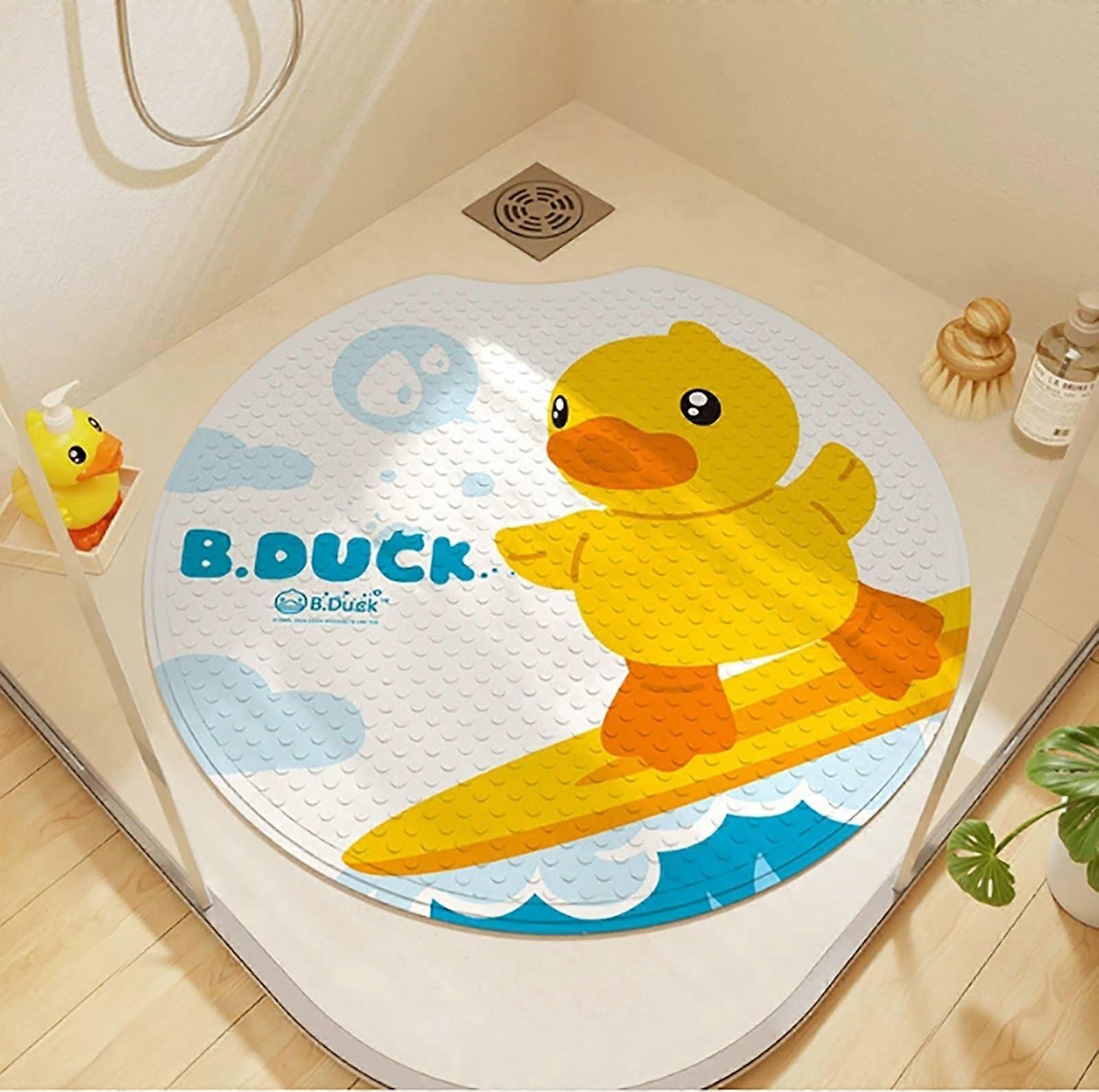 Round bath mat with small yellow duck pattern, round PVC bathroom rug with cartoon animal motif