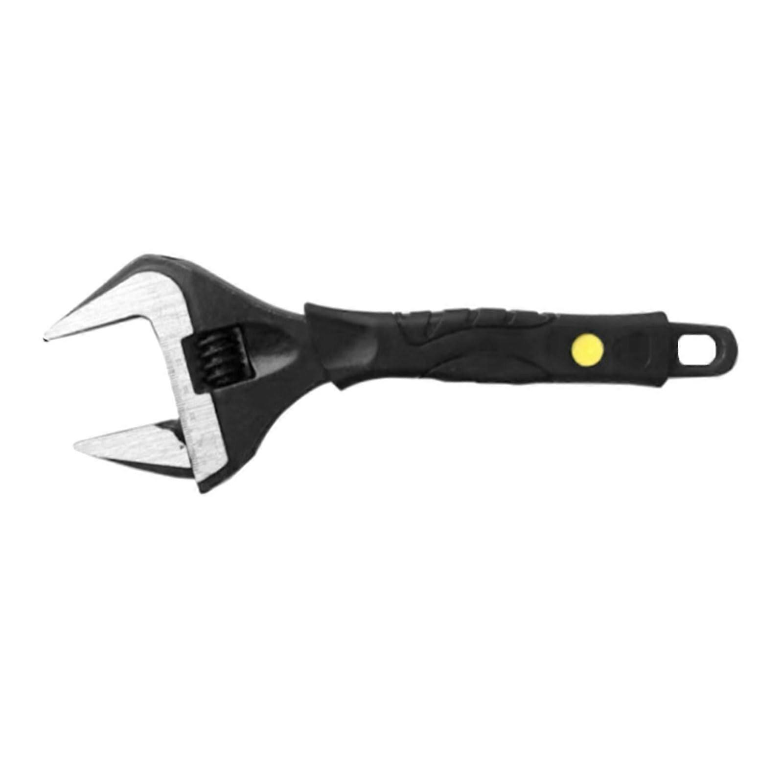 Adjustable black wrench with large jaw, suitable for various nut sizes and for car and home repairs, 10 inches.