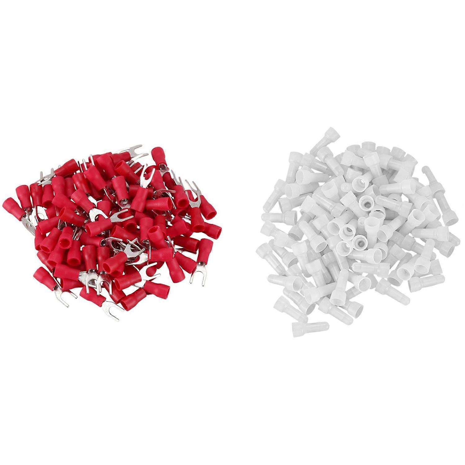 100 Pcs 4mm Fork AWG 22-16 Pre Insulated Terminal Cable Lug & 100Pcs 22-16 GA AWG Closed End Crimp C