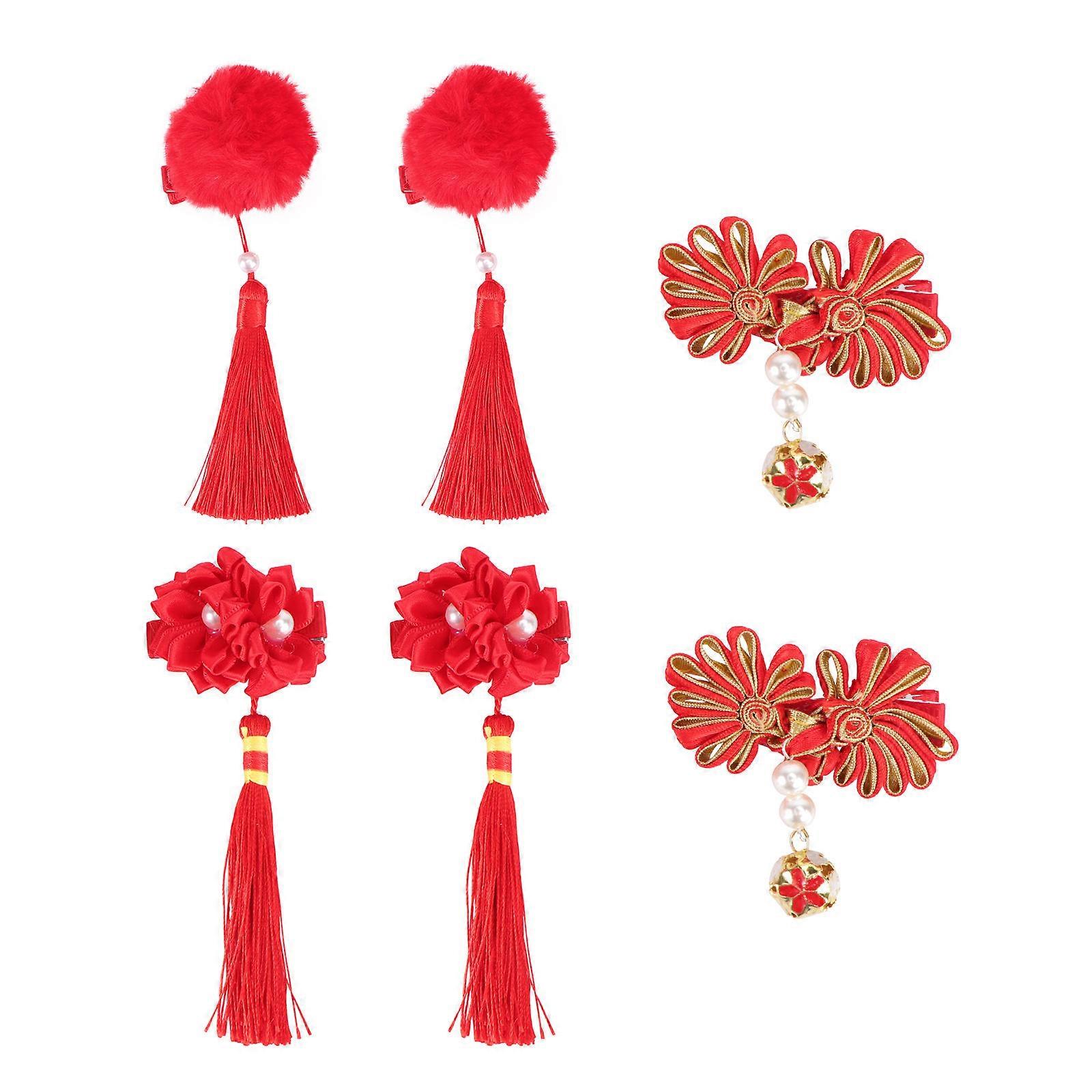Festive Design Hair Barrettes For Children With Round Tassel Shape Perfect For Spring Festival And Daily Use 6Pcs