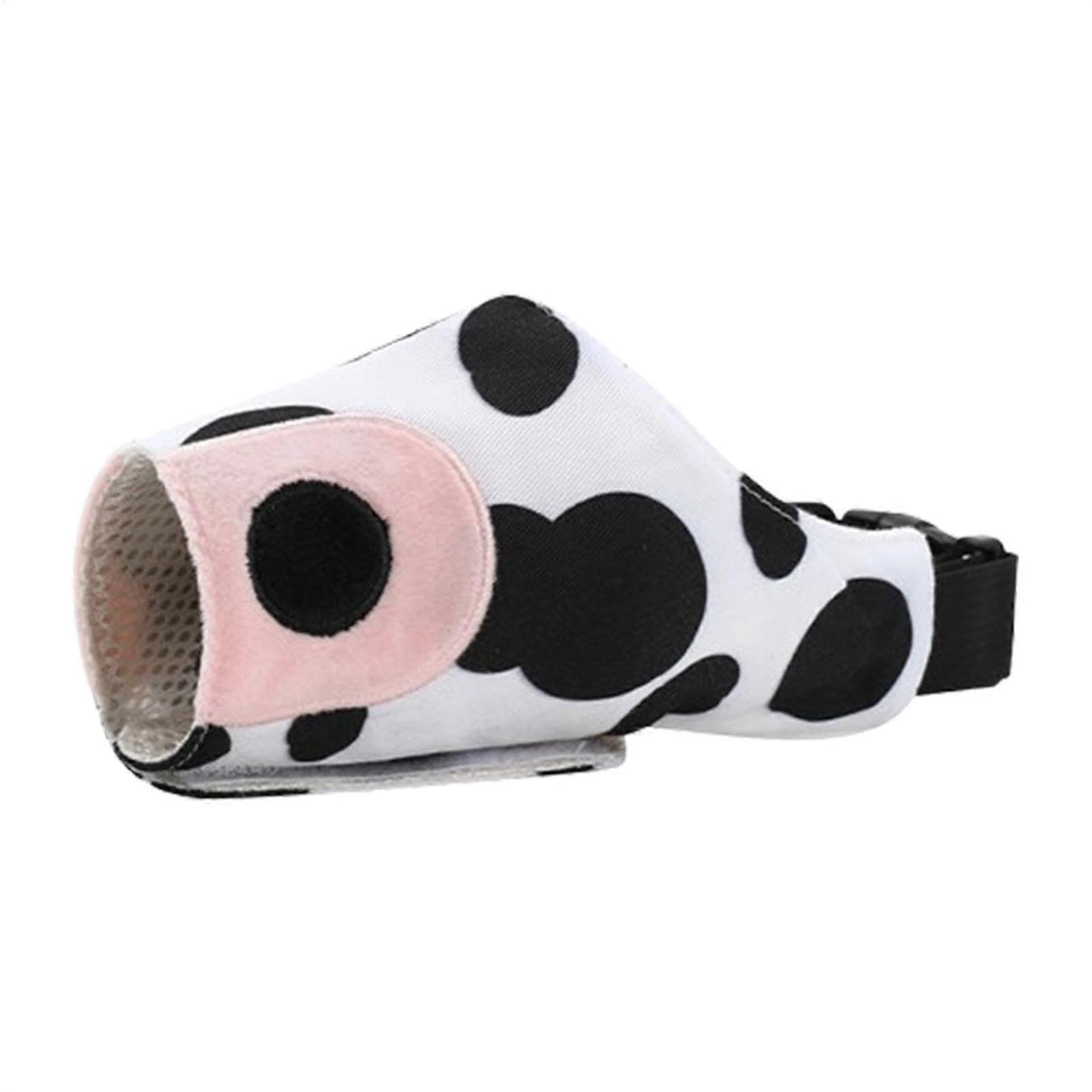 Printed dog muzzle, cow design, breathable, adjustable loop, safe training cover to prevent biting and chewing.