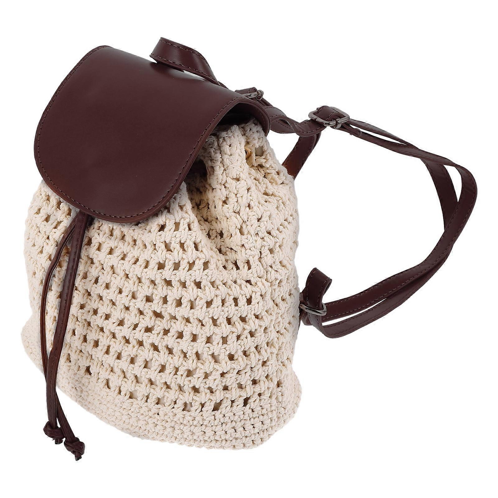 Handmade Woven Backpack for Travel Crochet Backpack Drawstring Brown