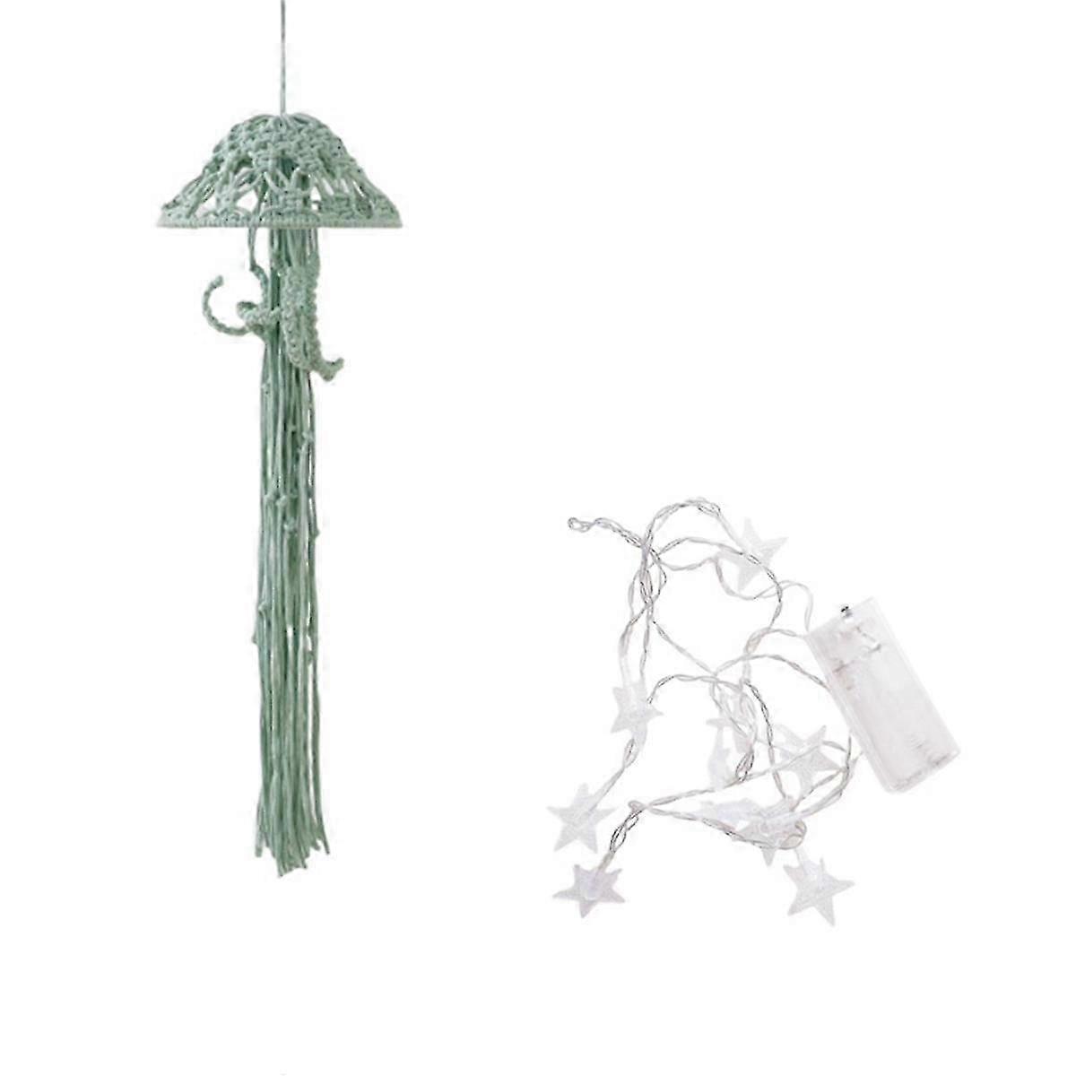 Boho Macrame Dream Catcher with String Lights - Handmade Woven Jellyfish Ornament for Home Decoration H