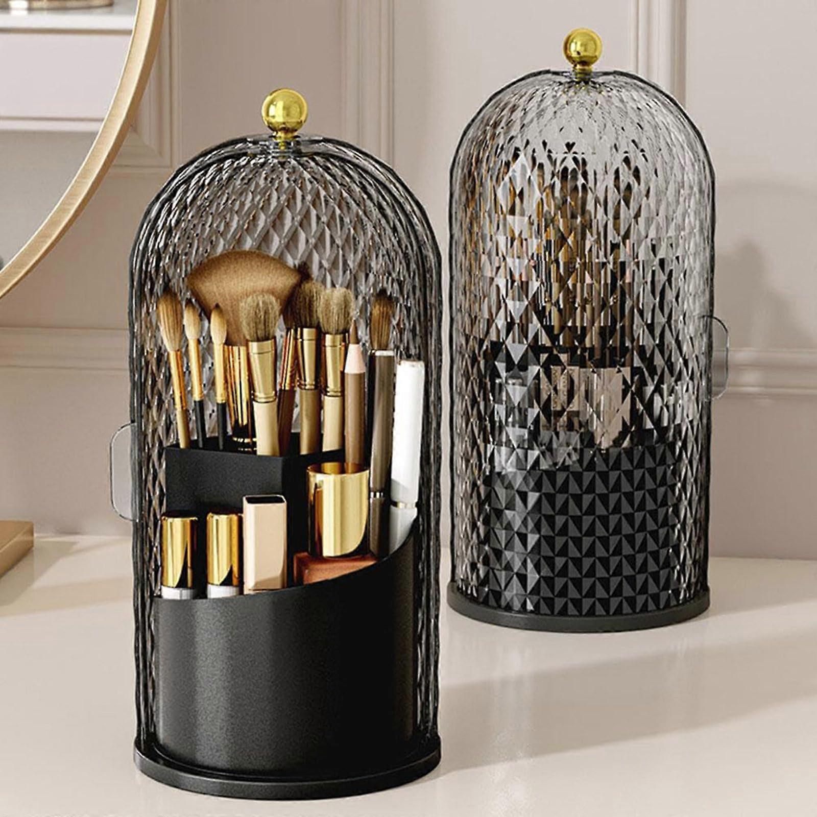 Makeup Brush Holder With Lid 360 Rotating Clear Dustproof Makeup Organizer For Vanity And Bathroom Countertop Black