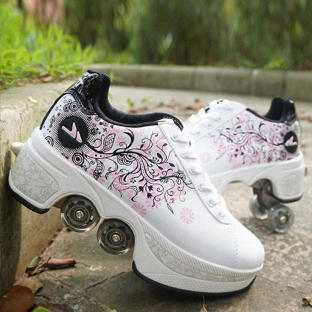 Adjustable Quad Roller Skates Boots Size 37 White 2In1 MultiPurpose Walking Shoes Inline Skate