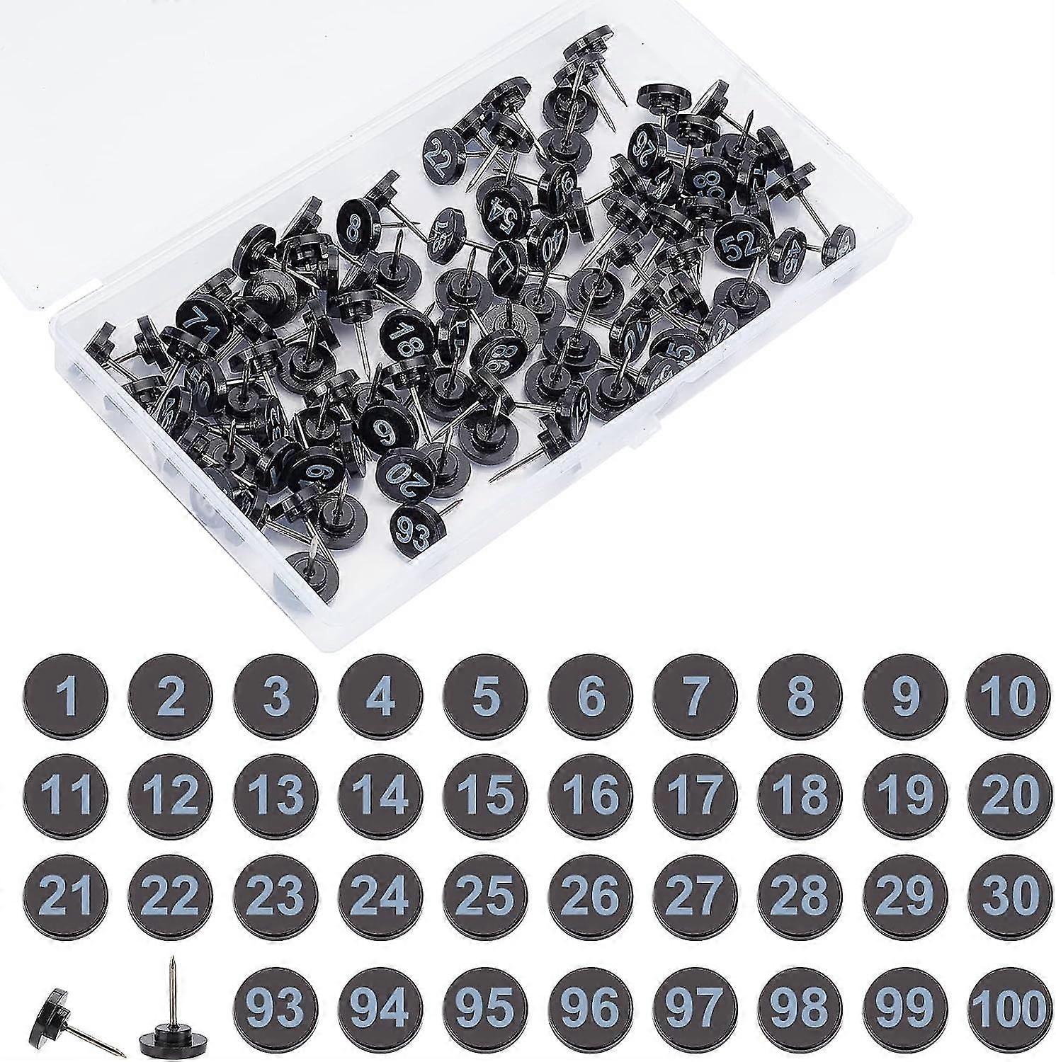 100 Pcs Numbered Push Pins, Black Base Map Number Push Pins with Numbers 1-100 Drawing Push Pins Plastic Push Pins for Maps Photo Presentation Poster