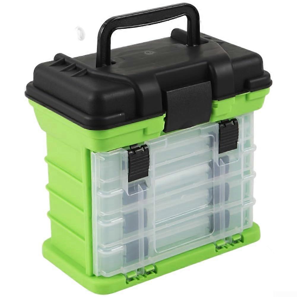 Four Layer Fishing Tackle Box With Four Compartments, Removable Trays, Adjustable Dividers, Carry Handle, Green PP