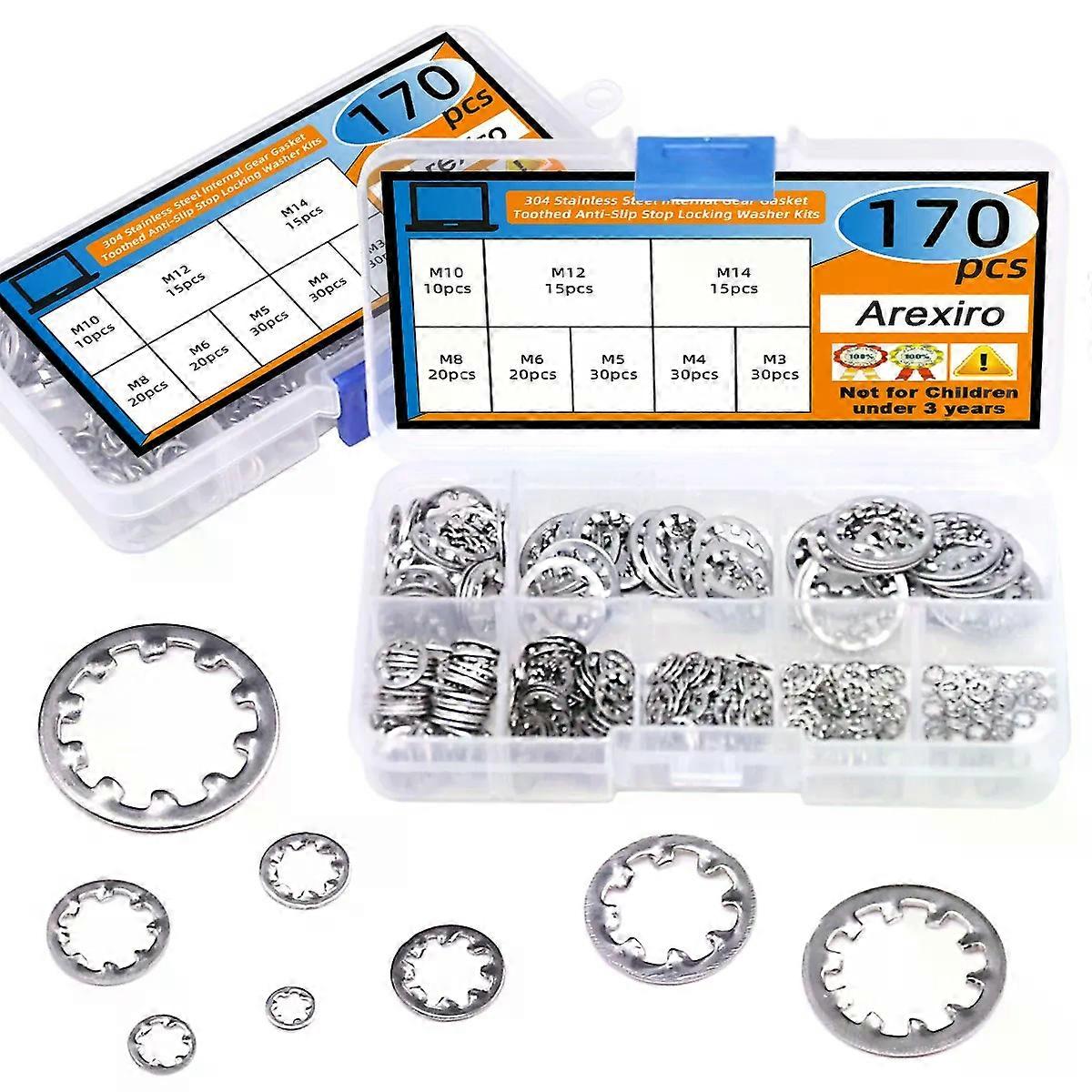 170Pcs 304 Stainless Steel Internal Tooth Star Lock Washers Assortment Set - Size Included: M3 M4 M5 M6 M8 M10 M12 M14