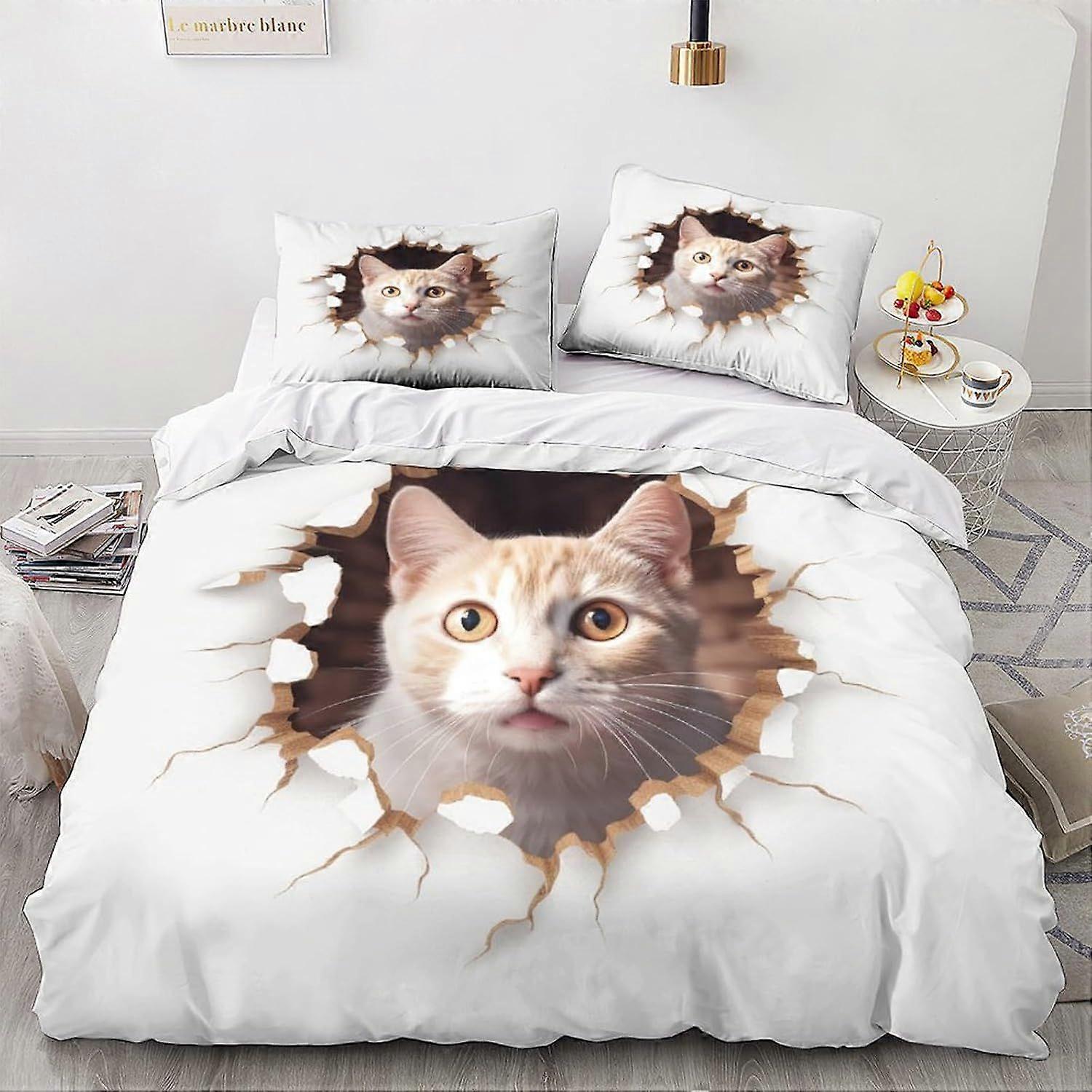 LikeEj 3 peças gato capa edredom com fronhas, animal print roupa de cama conjunto com fecho de zíper, bonito Kitty colcha capa King