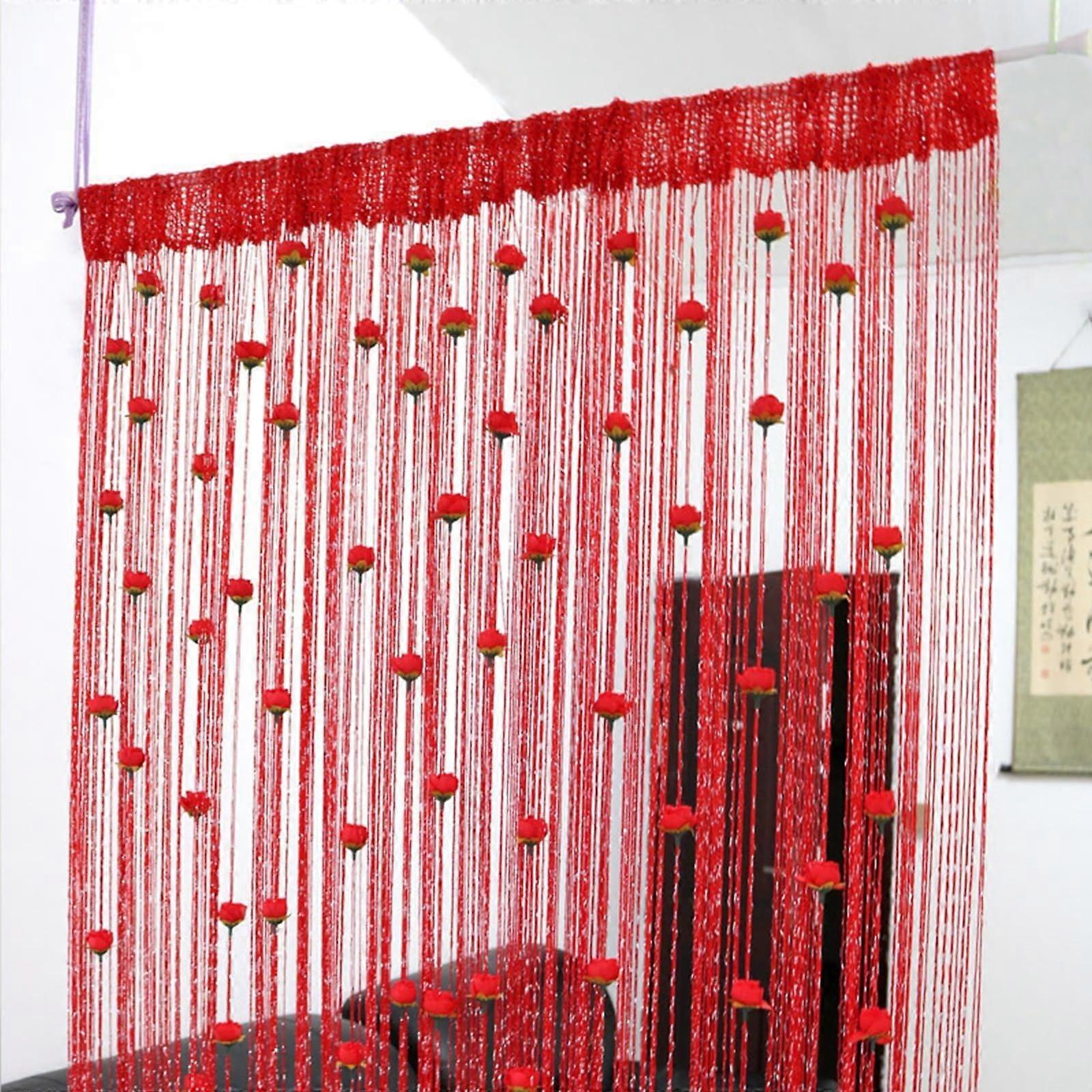 Door String Curtain with Beaded Rose Flower Design for Privacy and Window Decoration, Red 39.37x78.74 Inch