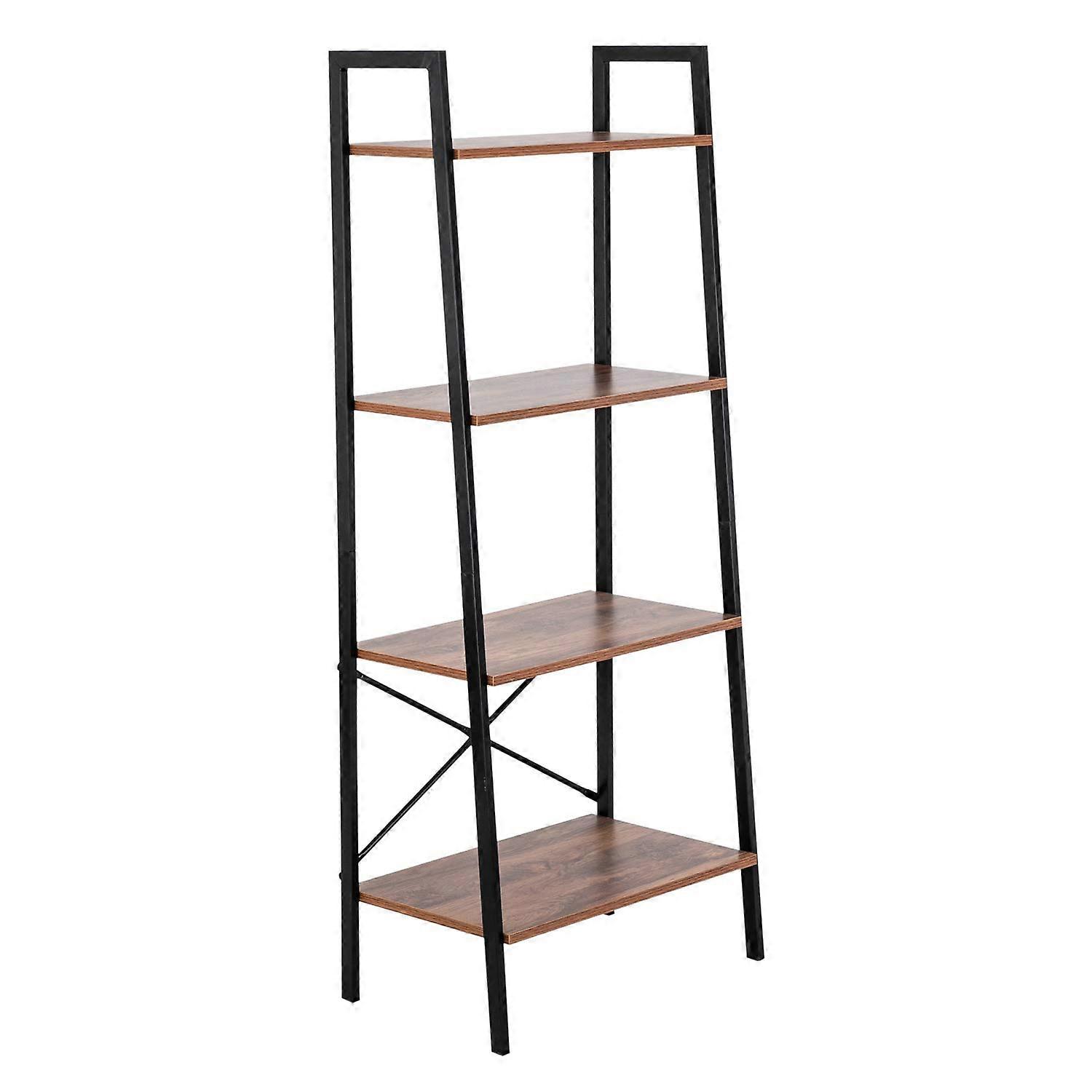 4Tier Ladder Shelf with Storage, Rustic Brown Industrial Bookshelf with Black Metal Frame for Living Room