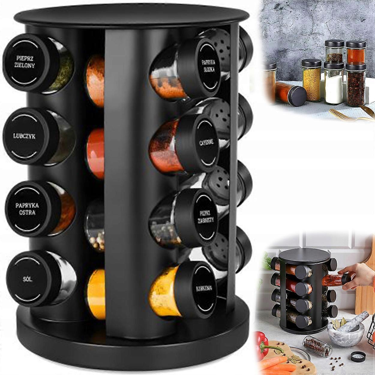 Rotating Spice Rack with 16 Jars + 96 Labels - Sleek Kitchen Organization Solution