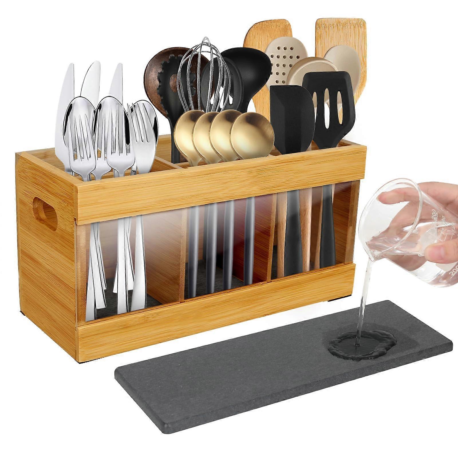 Extra Large Bamboo Kitchen Utensil Holder with Quick Drying Base and 6Compartment Countertop Organizer
