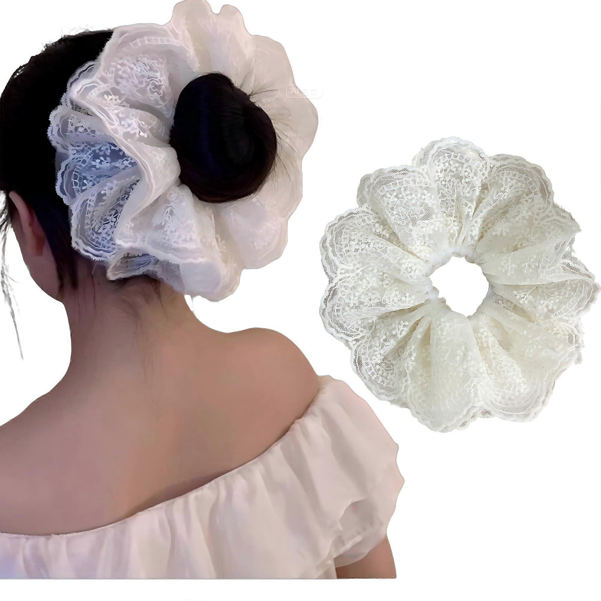 Extra Large White Floral Lace Scrunchie with Satin Layers for Secure Hold and Versatile Styling