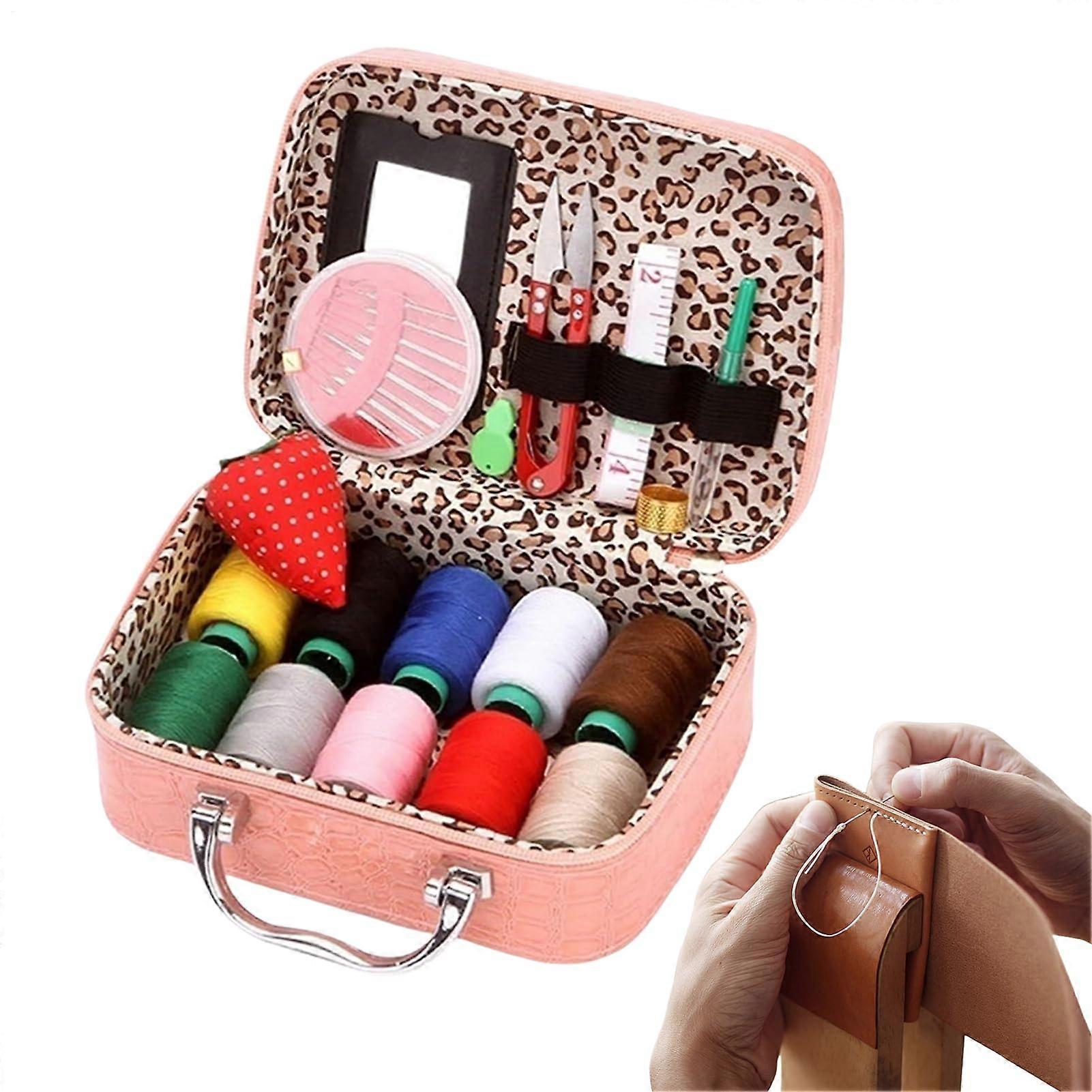 Complete Beginner Travel Sewing Kit with Accessories, 22pcs Thread Needles Scissors in Leather Case