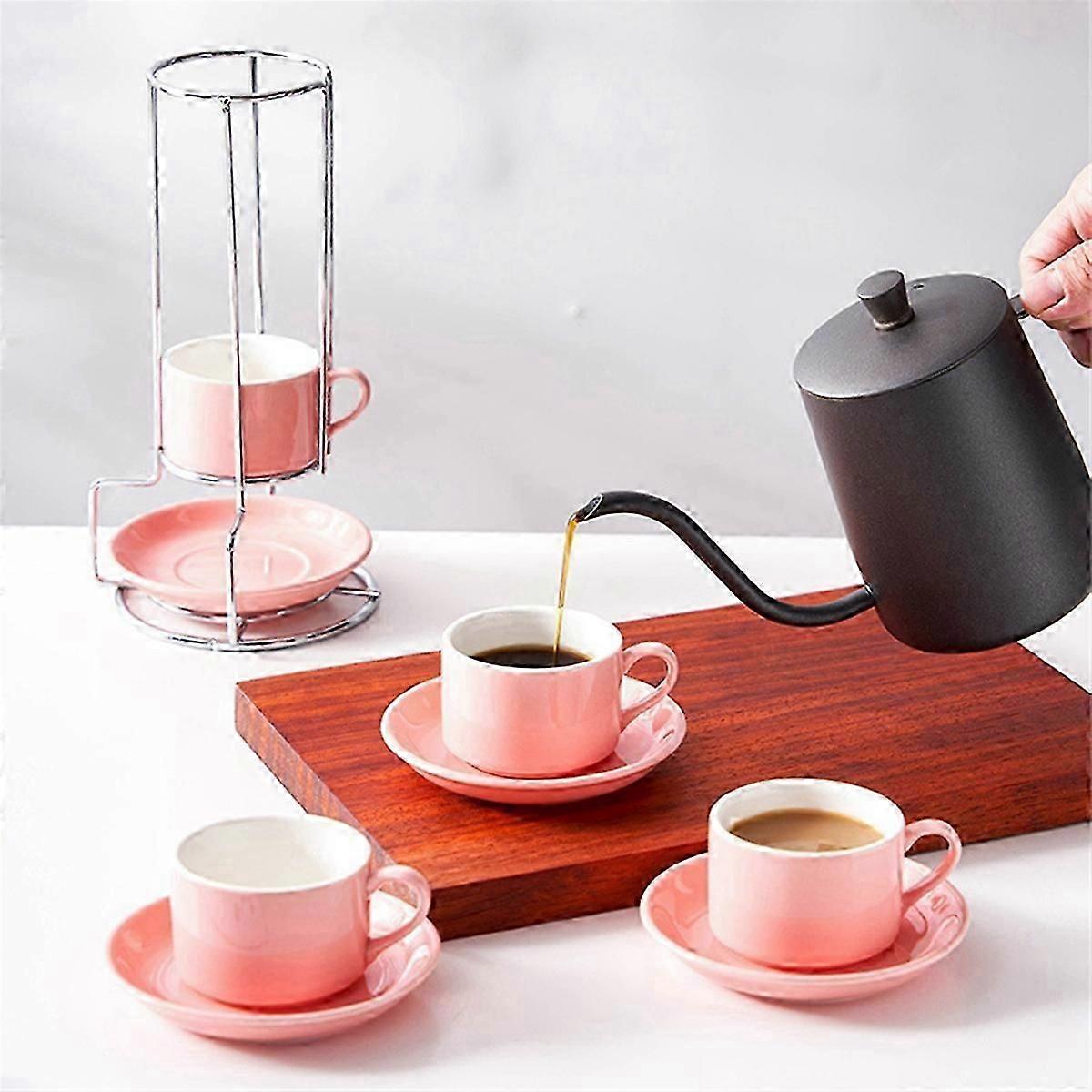 Porcelain Stackable Cappuccino Cups with Saucers and Metal Stand, E