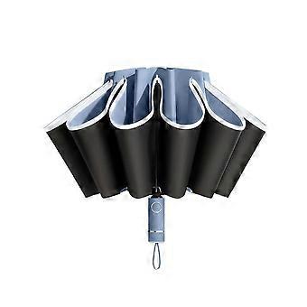Automatic Folding Umbrella Blue Windproof Travel Umbrella with Reflective Stripe and UV Protection