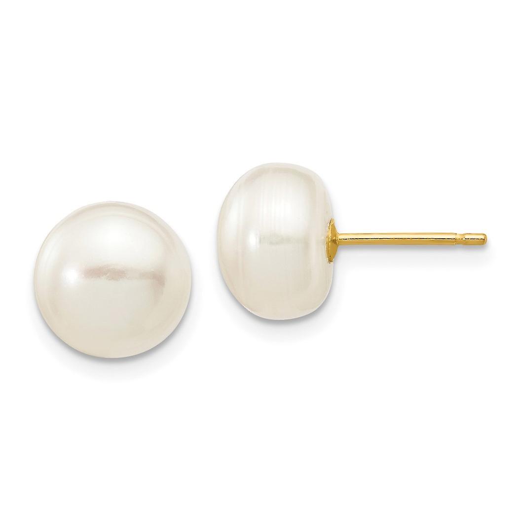 10k Solid Gold 8 9mm White Button Freshwater Cultured Pearl Stud Post Earrings-Stud Earring for Women