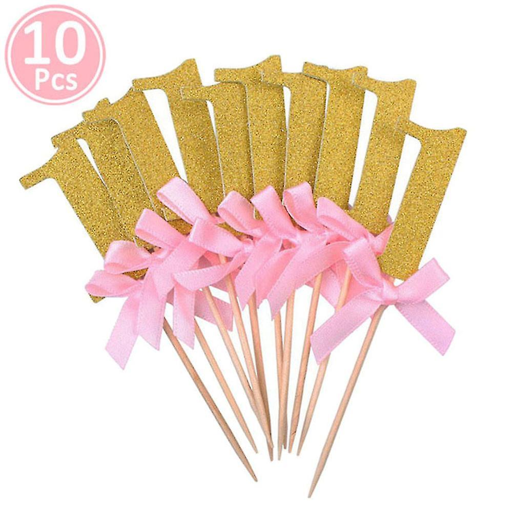 Trumsen 10pcs Numéro 1 Glitter Cake Toppers Première fête d’anniversaire Dessert Cupcake Décor Or ro