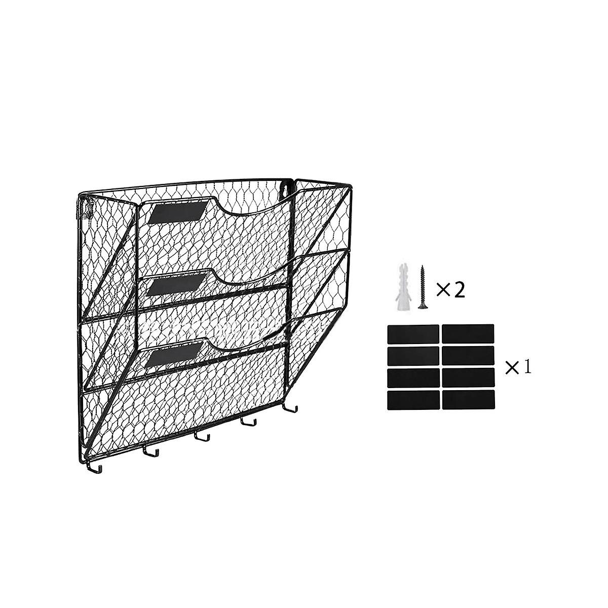 3 Tier Metal Mesh File Organizer Holder Hanging Mail Rack with Hooks Letter Document Magazine Offic