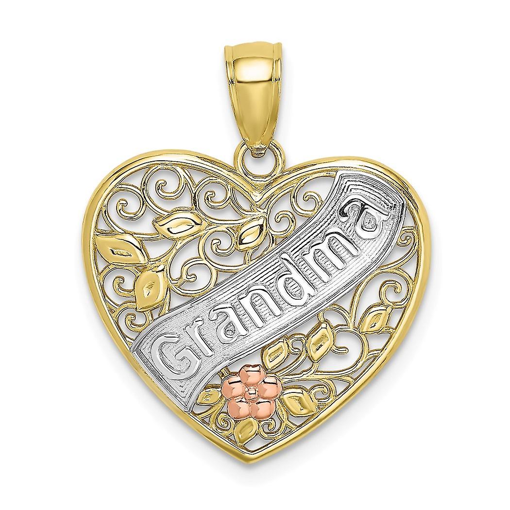 10k With Rhodium Wht Grandma In Filigree Love Heart Pendant Necklace W Pink Flowers And Tri color 26.1x20.1mm Wide-Penda
