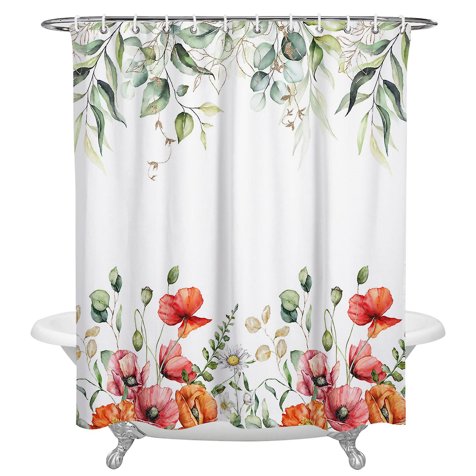 Printed Curtains Spring Eucalyptus Poppy Flowers Shower Curtains Waterproof Bath Curtai 137W x 198H