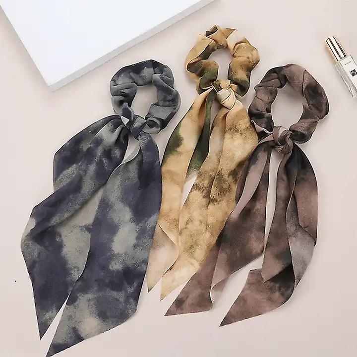SET 3 Pcs Scrunchie bow camouflage elastic tassel vintage