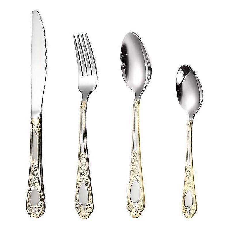 Set di posate 4 pezzi in acciaio inox dorato - Forchette e cucchiai - Coltello da tavola - Nickel free - Argento