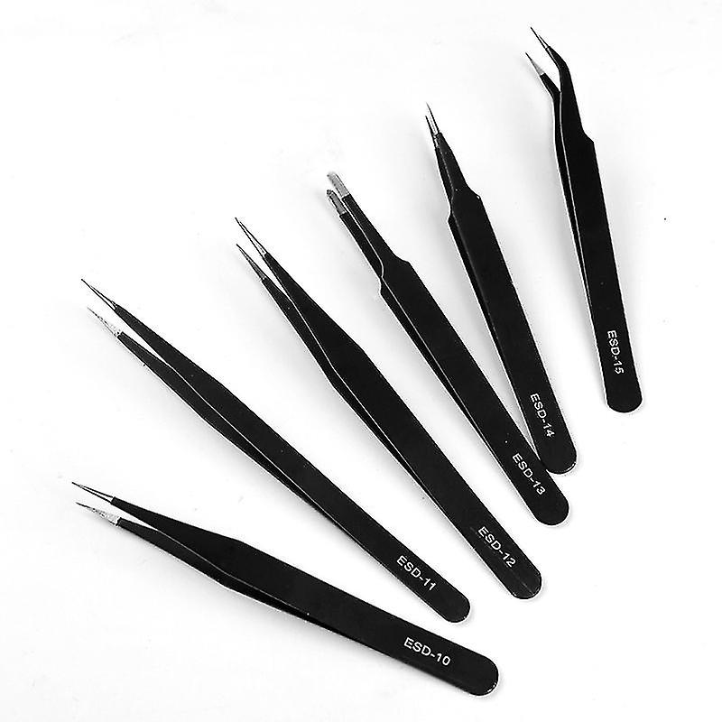 Industrial Precision Tweezers Anti-static Stainless Steel For Electronics Tools, Jewelry, Computer, Laboratory Work And Hobbies Etc.(6pcs, Black)