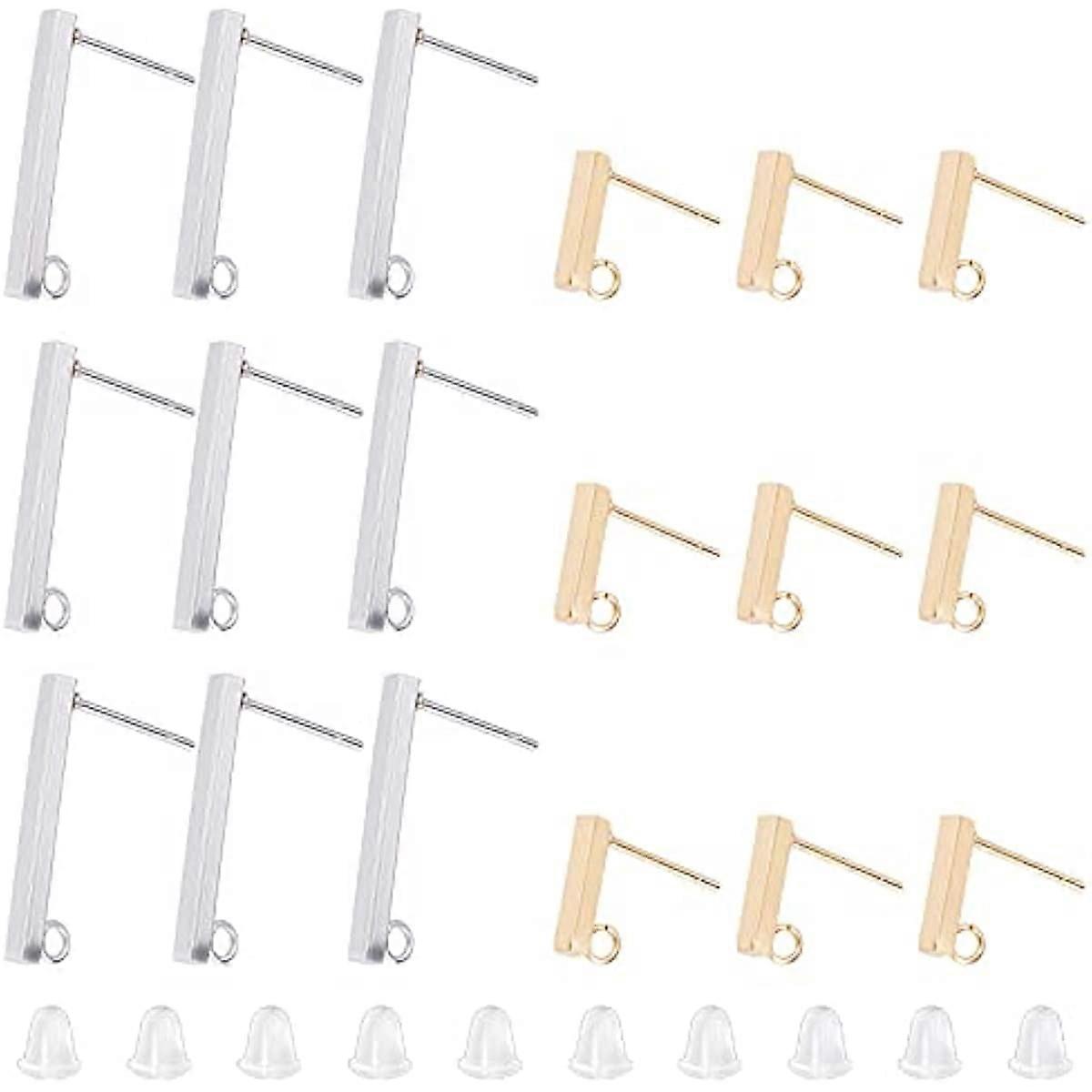 40Pcs Stainless Steel Rectangle Ear Stud with Loop and 40pcs Ear Nuts Hypoallergenic Ear Stud Components and Metal Barrel Plating Ear Locking for Post