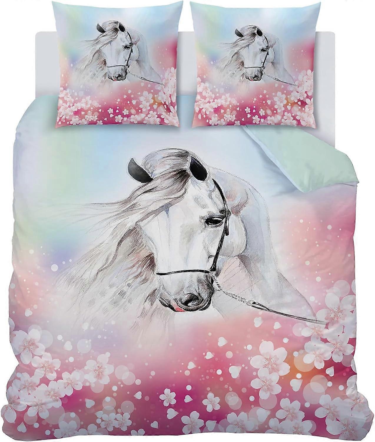 Rosa Påslakan Mikrofiber 3D Djur Häst Sängkläder Set Blommor Mönster 2 Person Sängkläder Med 2 Örngott Med Dragkedja För Vuxna Flickor Pojkar