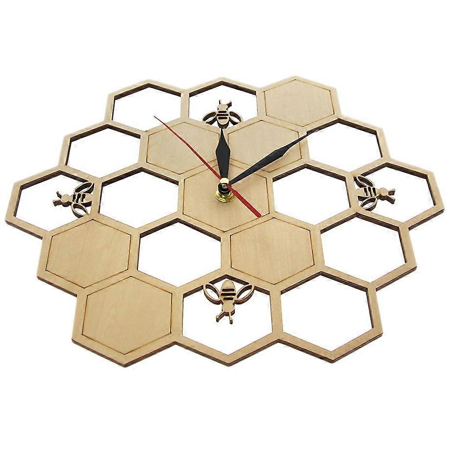 Cut Wood Clock Honey Bee on Honey Comb Nature Watch Wall Clock Geometric Kitchen Art Decor