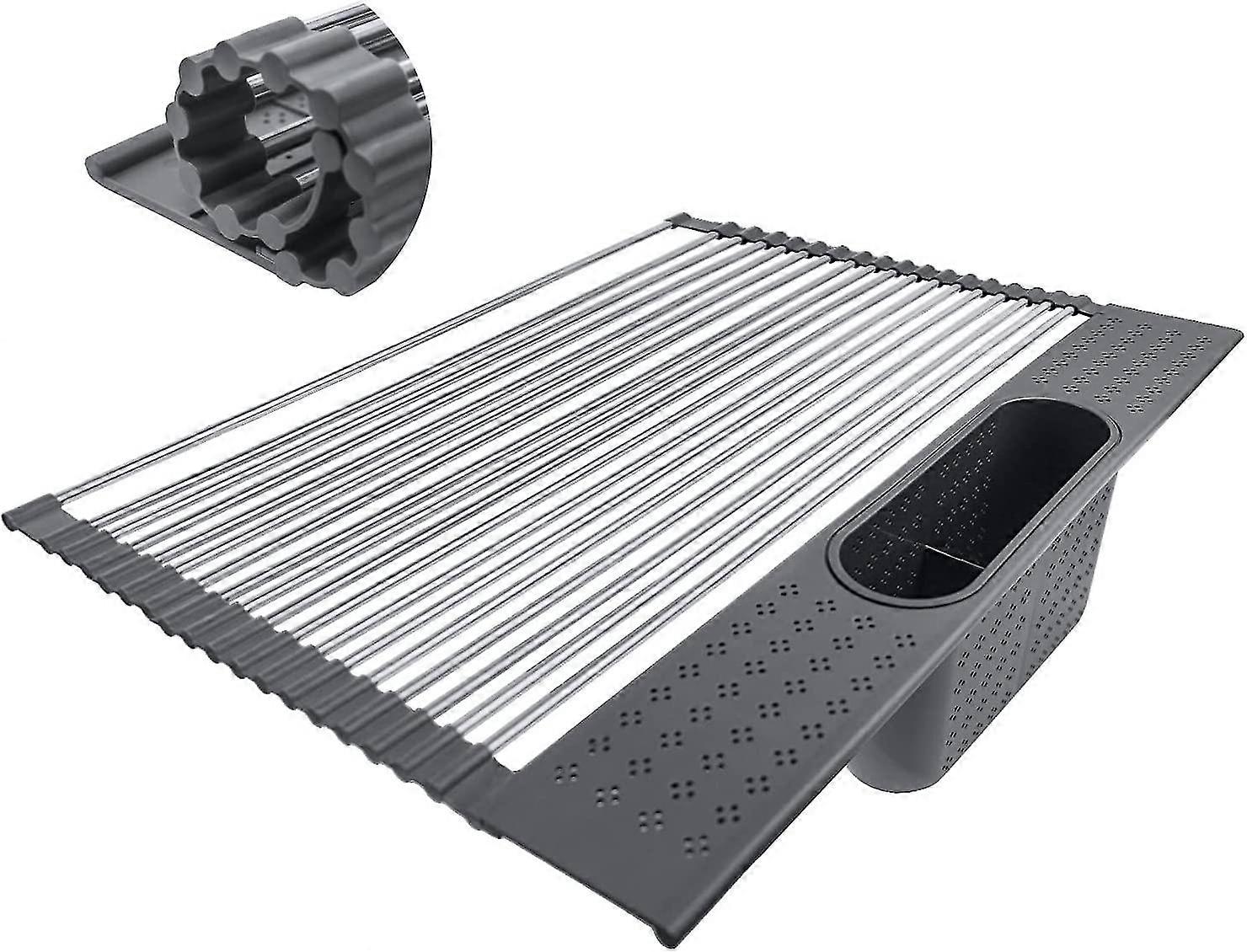 sink roll up dish drying rack large over the sink dish with utensil holder foldable sink rollable rack for kitchen sink counter [dark grey, 20"x 15"]