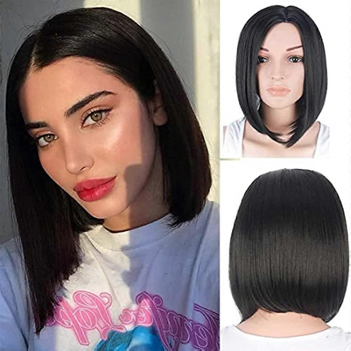 Short Straight Black Synthetic Bob Wigs for Women Daily Use with  Free Wig Cap