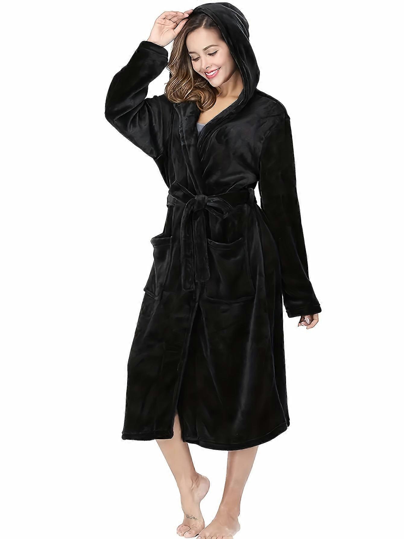 New style Solid Fuzzy Hooded Night Robe, Long Sleeve V Neck Robe With Pockets & Belt, Women's Sleepwear