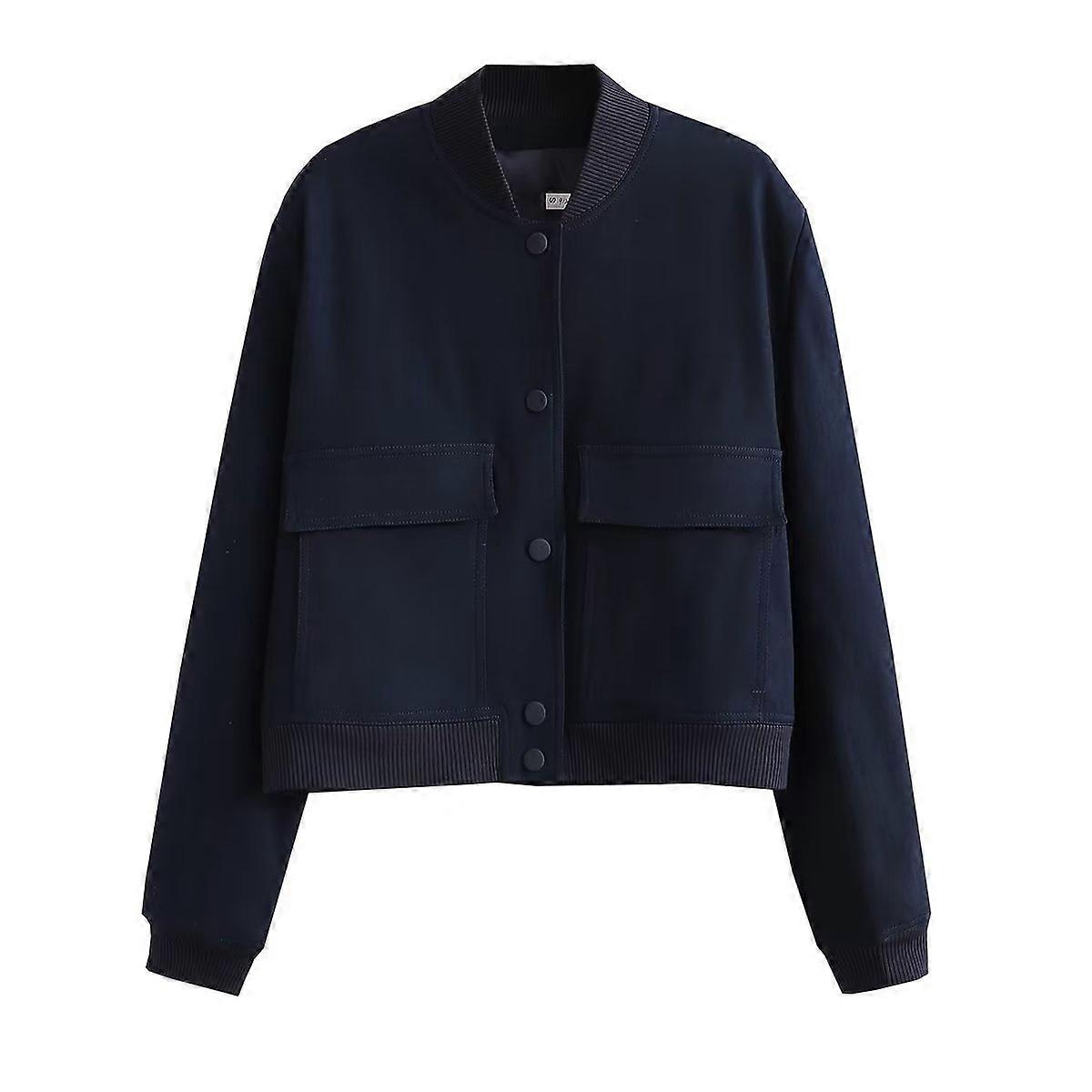 Spring coat with large pockets and stand collar for women
