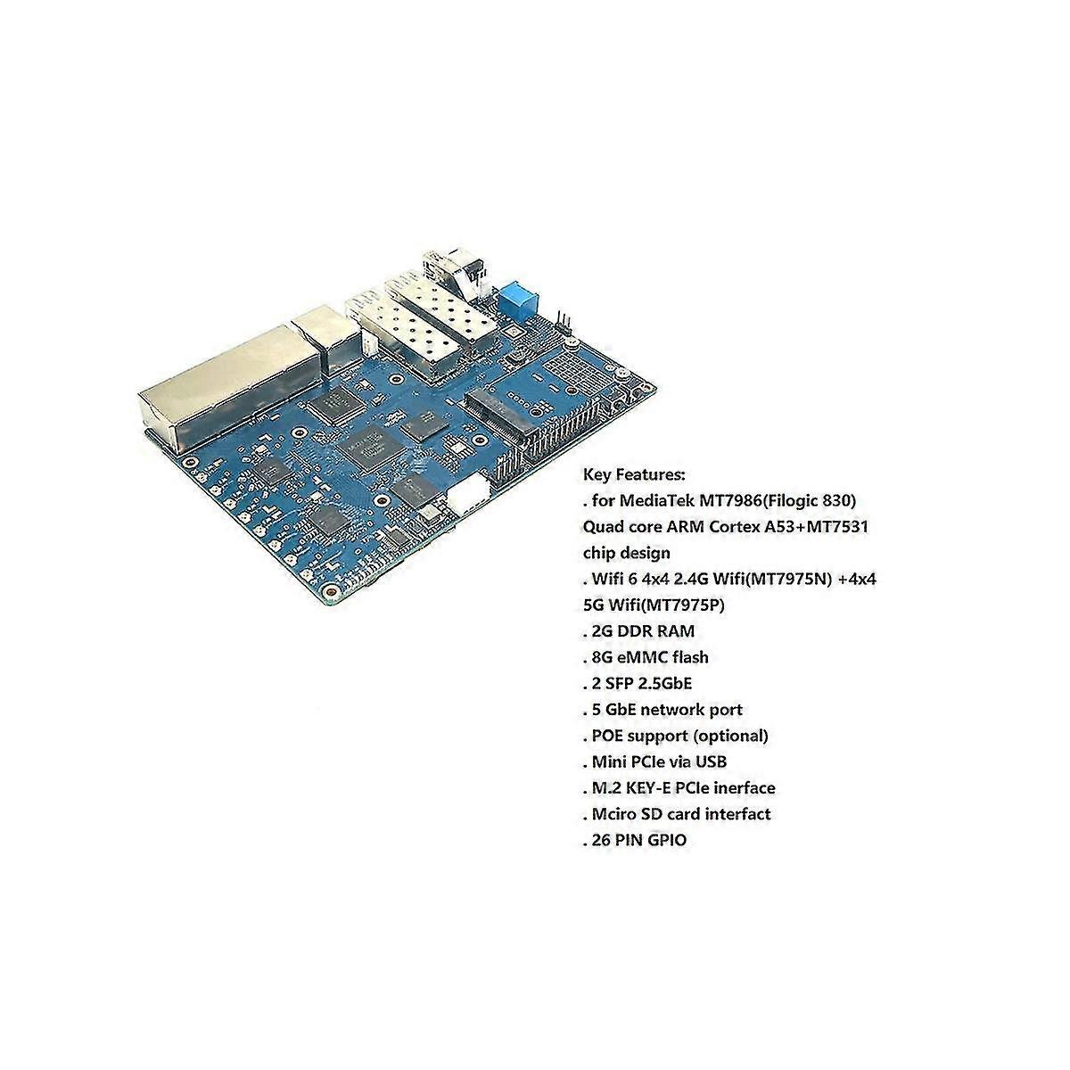 Für Banana PI -R3 MT7986 2G + 8G EMMC 2 SFP 2.5GbE 5GbE Router Entwicklungsplatine + Kühlkörper + Antennen + P