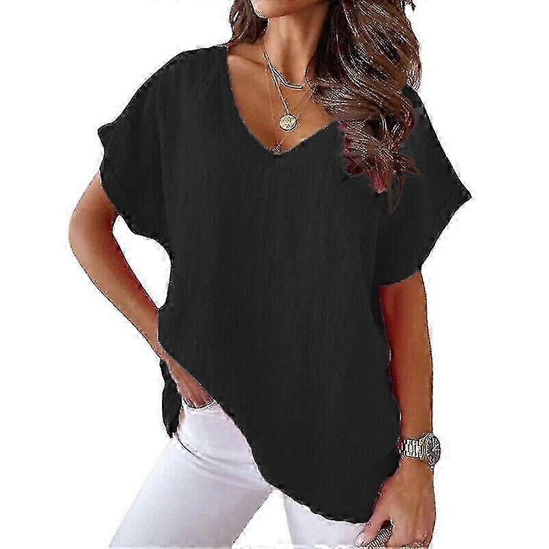 Dame Bomuld Linned Tunika Toppe Damer V hals T Shirt Løs Bluse Plus Size-3-Godt