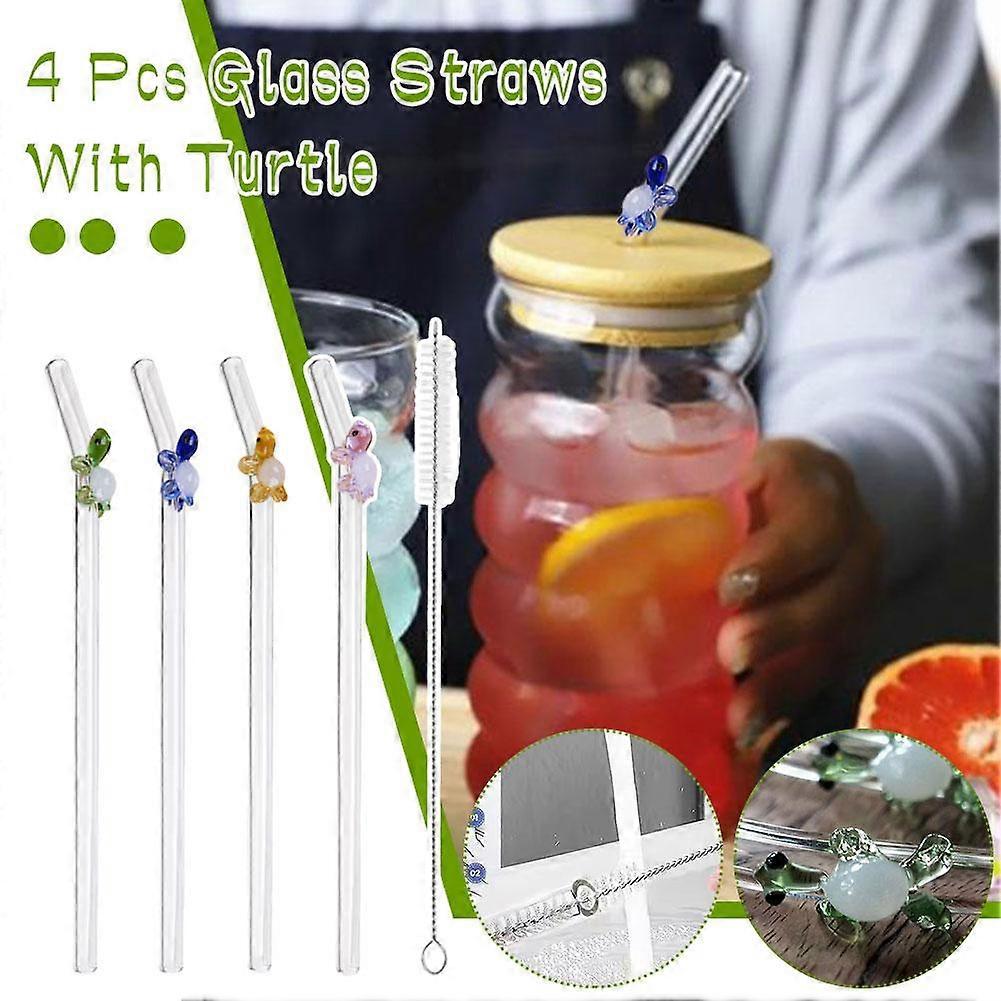 Glass Straws With Cute Colored Turtle 4pcs Durable