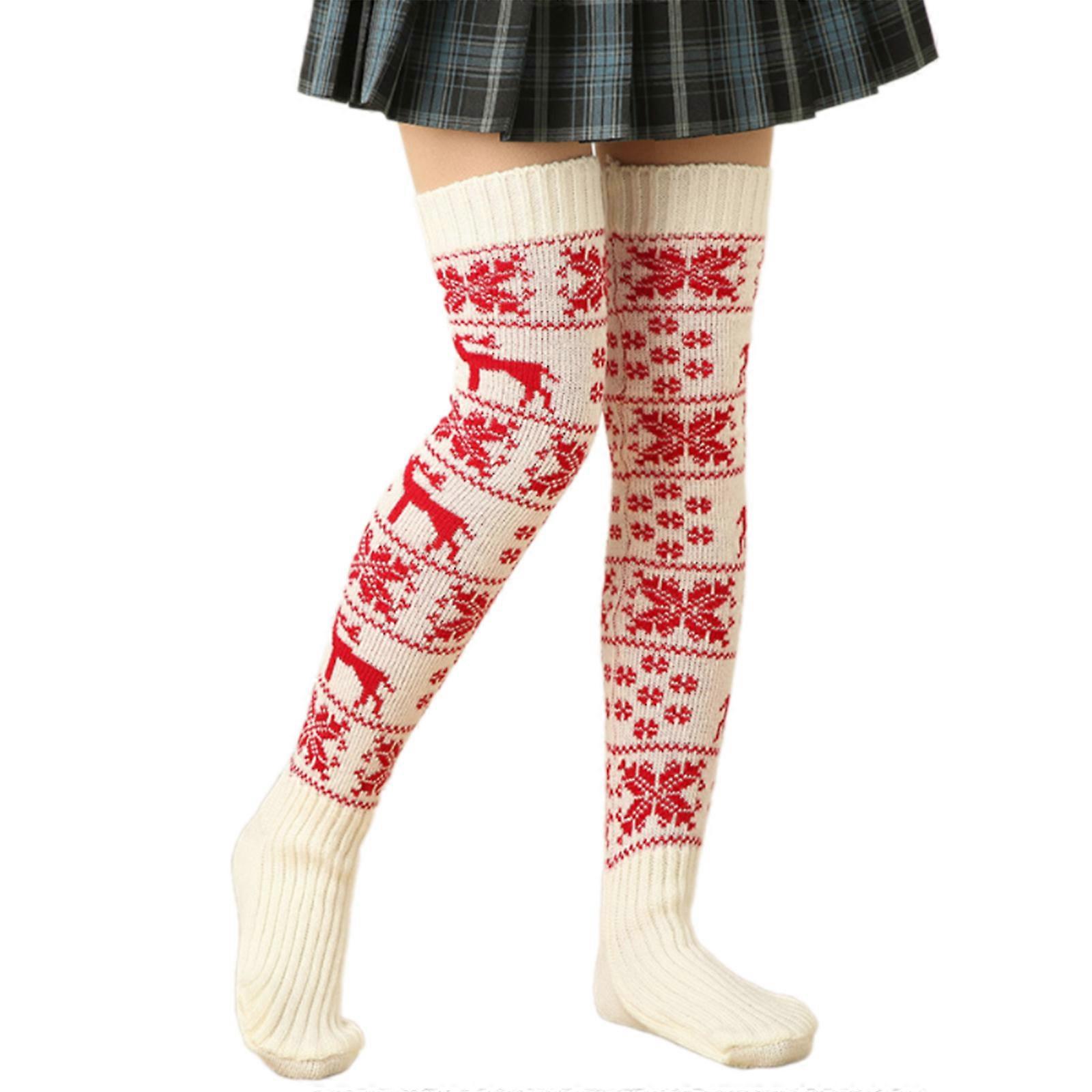 クリスマスフェスティバルパターン太ももハイソックスレディースウィンターファッションニット膝上ロングストッキングレッグウォーマー靴下ホワイト